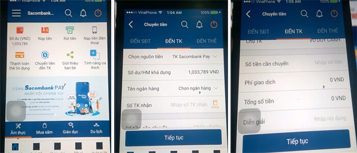 Bước 1: Chọn chức năng chuyển tiền đến tk sau đó nhập thông tin theo yêu cầu