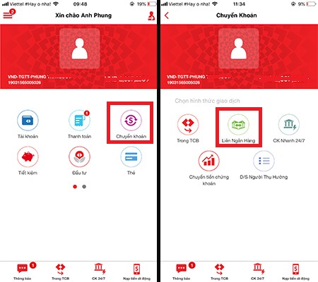 Bước 3: Đăng nhập tài khoản và chọn chuyển khoản liên ngân hàng