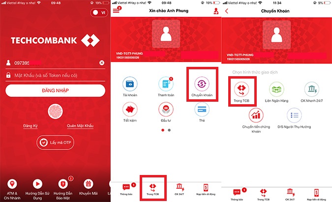 Bước 1: Đăng nhập tài khoản và chọn chuyển khoản trong TCB