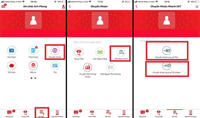 Bước 1: Đăng nhập và chọn chuyển khoản 24/7