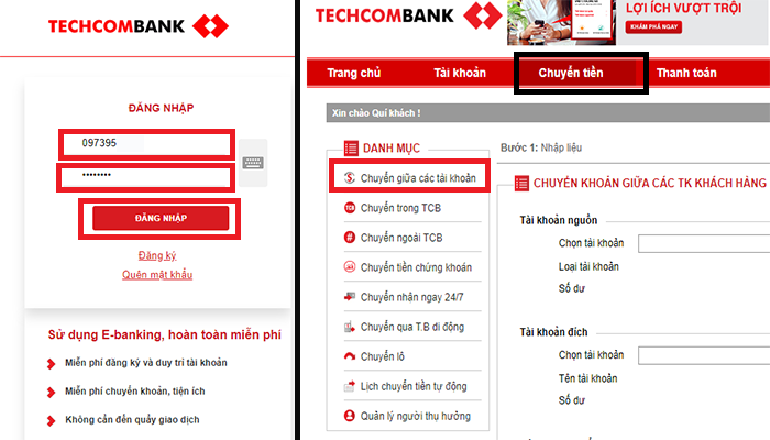 Bước 1: Đăng nhập techcombank và chọn chuyển giữa các tài khoản