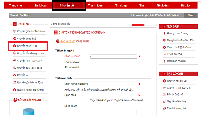Bước 2: Chọn chuyển ngoài TCB