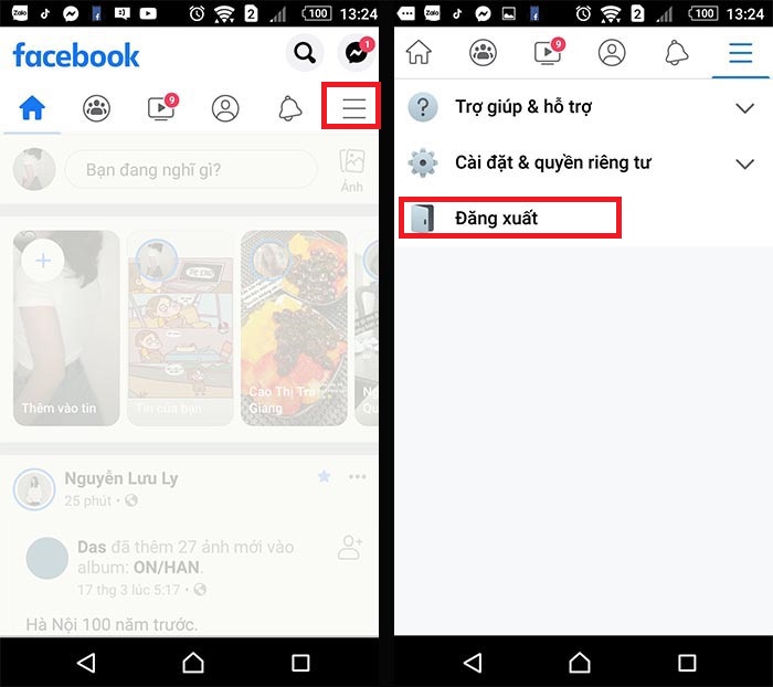 Bước 2: Đăng xuất ra khỏi tài khoản facebook mà bạn đang đăng nhập trên thiết bị android