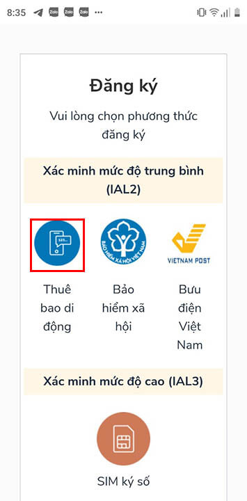 Chọn hình thức đăng ký, cá nhân thì chọn vào thuê bao di động