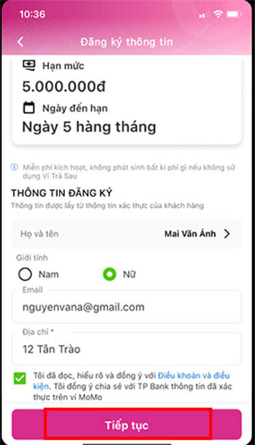 Bước 2: Đăng ký thông tin sử dụng ví trả sau MoMo