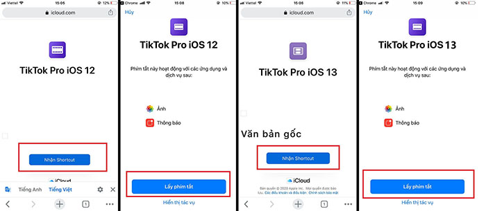 Bước 2: vào ứng dụng chorme và truy cập các đường link để tải shortcut tiktok