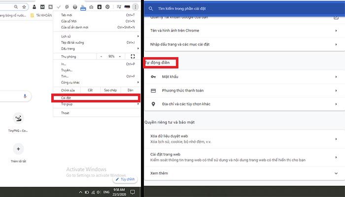 Bước 1: truy cập chorme, cốc cốc và chọn dấu 3 chấm dọc; chọn tiếp cài đặt và phần tự động điền