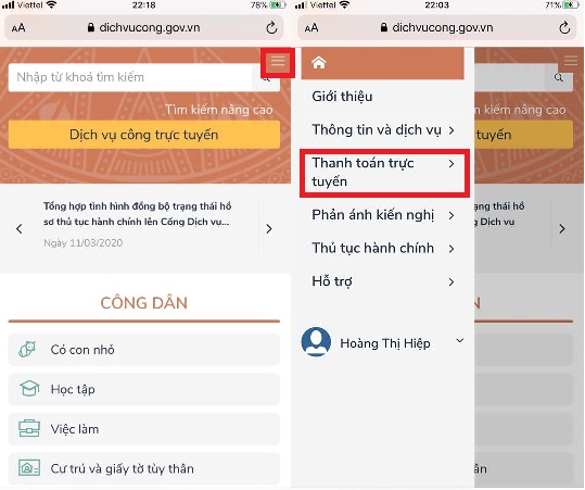 Giao diện mobile nộp phạt giao thông online 