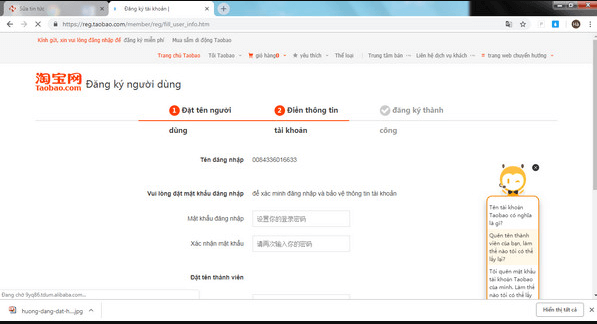 Xác nhận thông tin tài khoản taobao