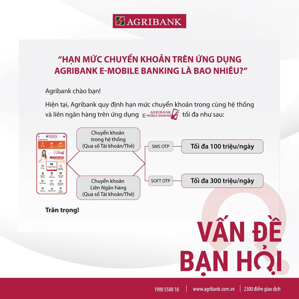 Hạn mức giao dịch trên ứng dụng Agribank E Mobile Banking là bao nhiêu?