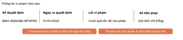 Kết quả tra cứu vi phạm giao thông trên cổng dịch vụ công