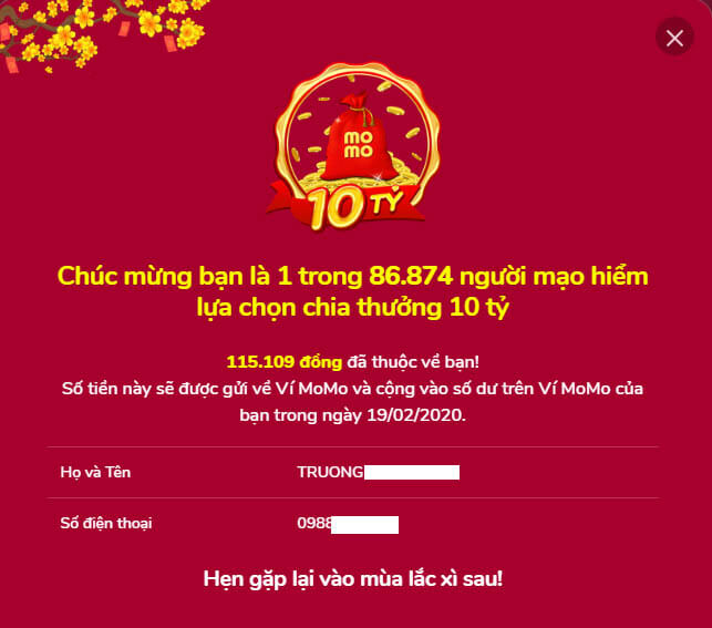 Mỗi người nhận 115.109 đồng khi đổi được vé vàng chia 10 tỷ cùng LẮC XÌ MoMo