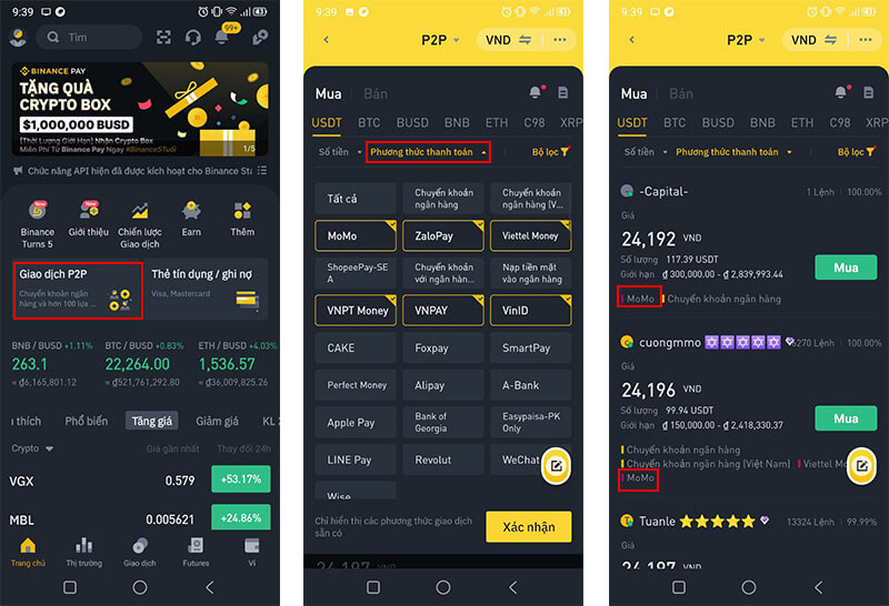 Mua bán coin trên sàn binance bằng ví điện tử MoMo, ZaloPay, Viettel Money