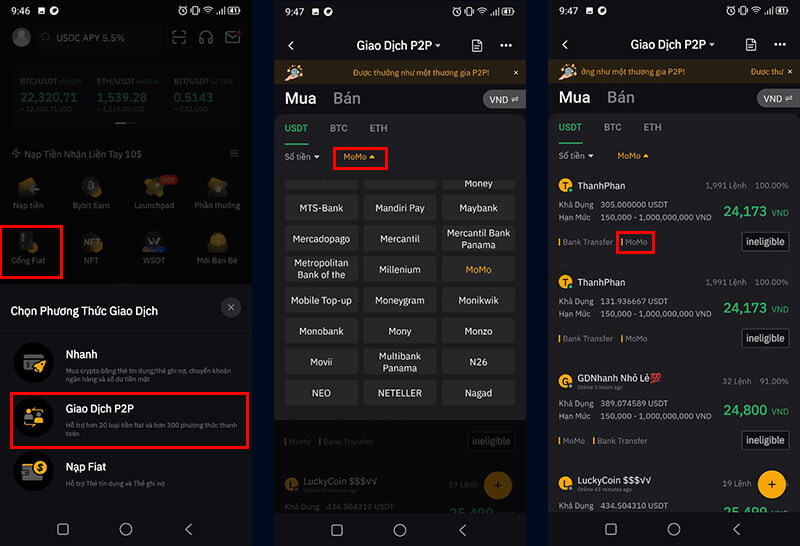 Mua bán coin trên sàn Bybit bằng ví điện tử MoMo, ZaloPay, Viettel Money