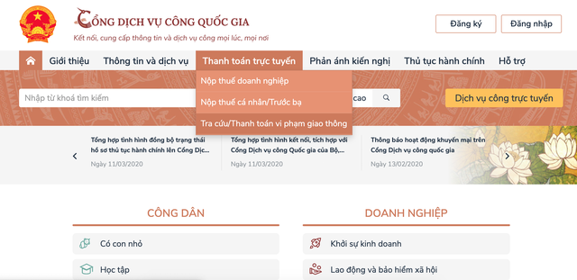 Giao diện nộp phạt giao thông online trên máy tính 