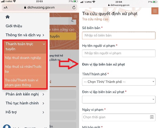 Giao diện mobile nhập thông tin và tra cứu