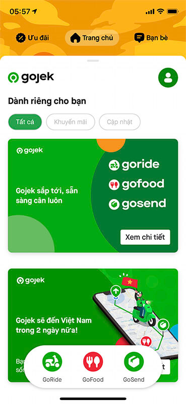 Màn hình chính ứng dụng Gojek