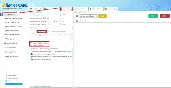 Phần mềm chia sẻ facebook MKT Care Share bài viết 